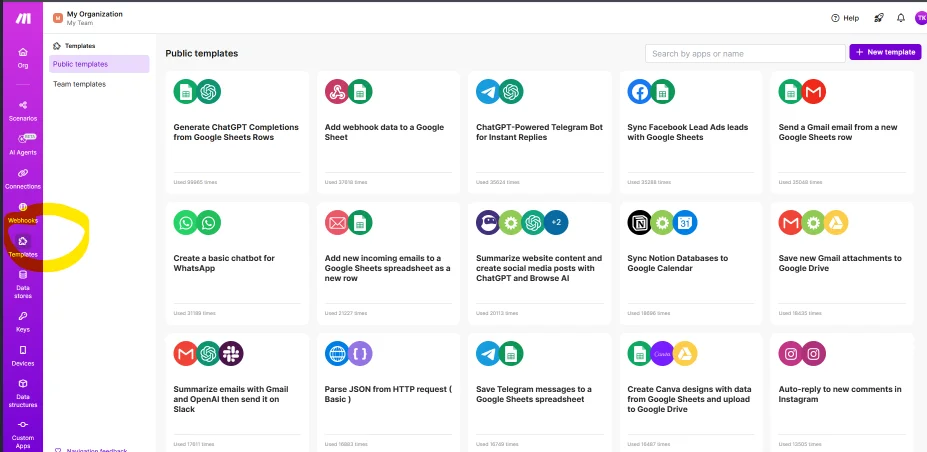 Automation dashboard with various no-code templates.