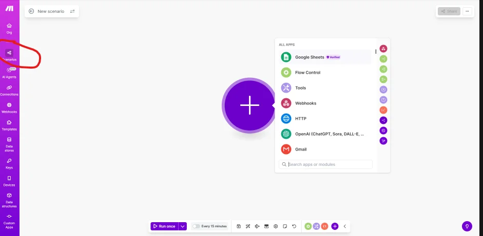 Automation software dashboard with app integration options.