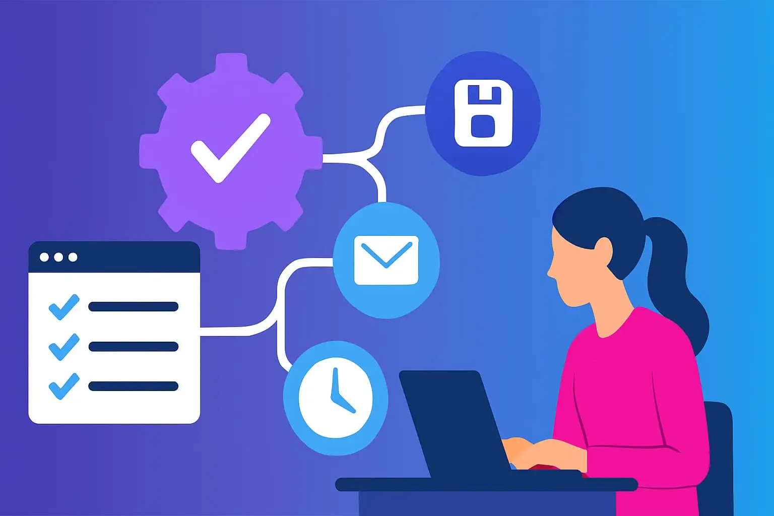 Illustration of automation process with a person using a laptop