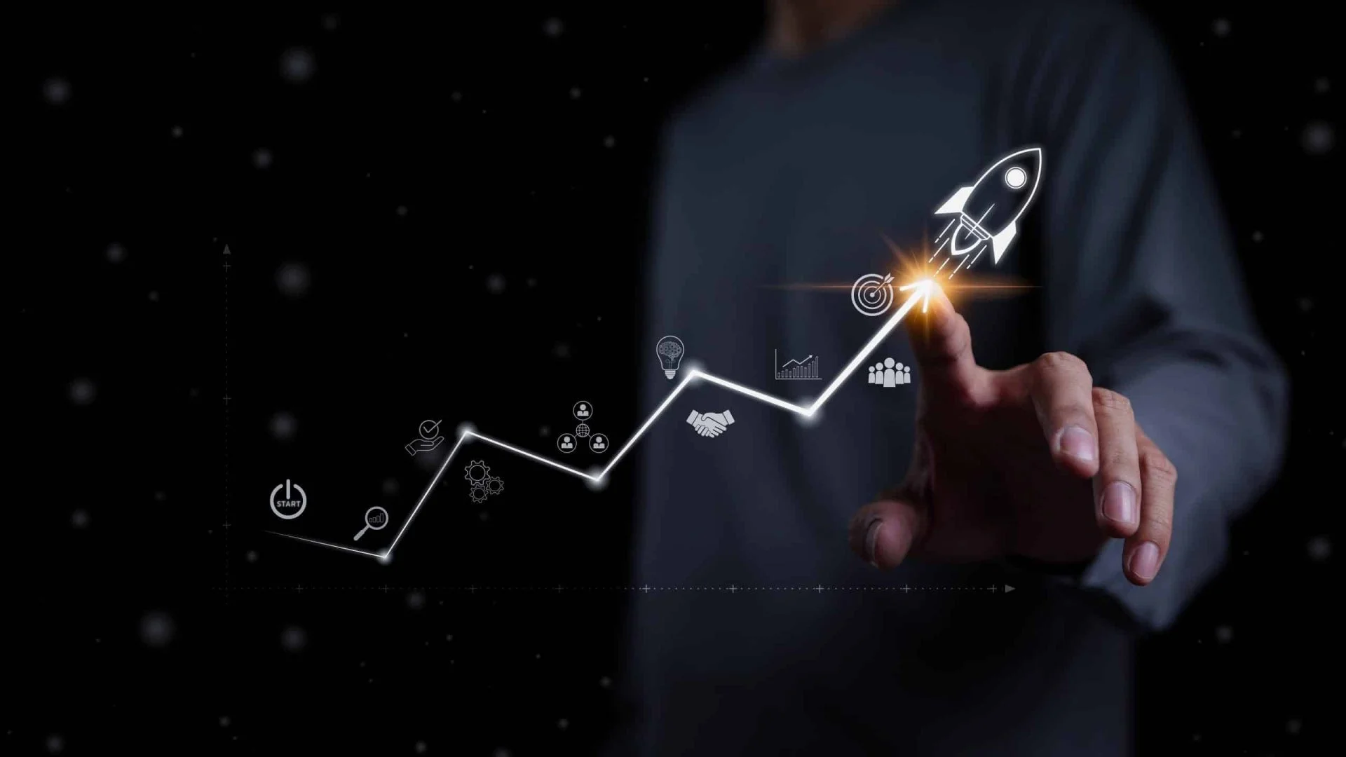 Business growth concept with rocket and rising graph.
