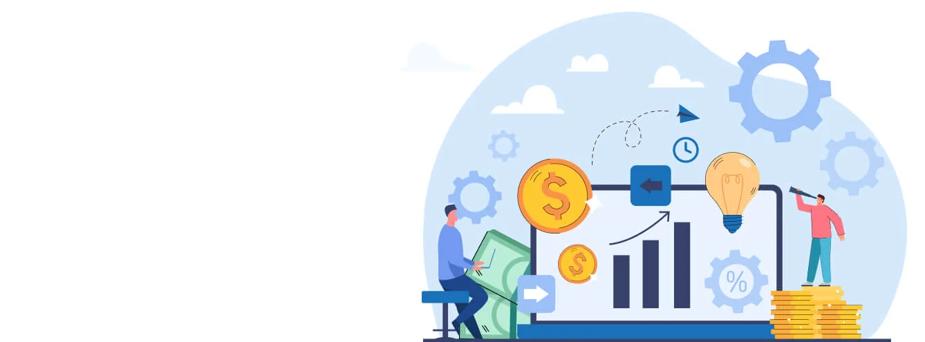 Illustration of business growth strategy with charts and gears.