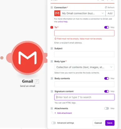 Gmail email setup interface on no-code platform