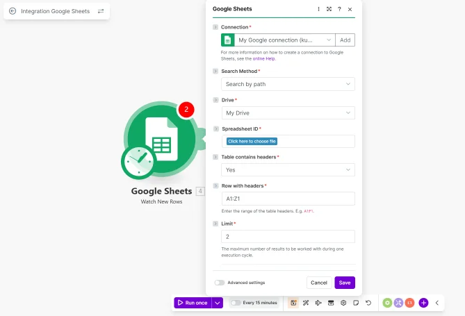 Google Sheets integration setup on NoCode Profit platform.