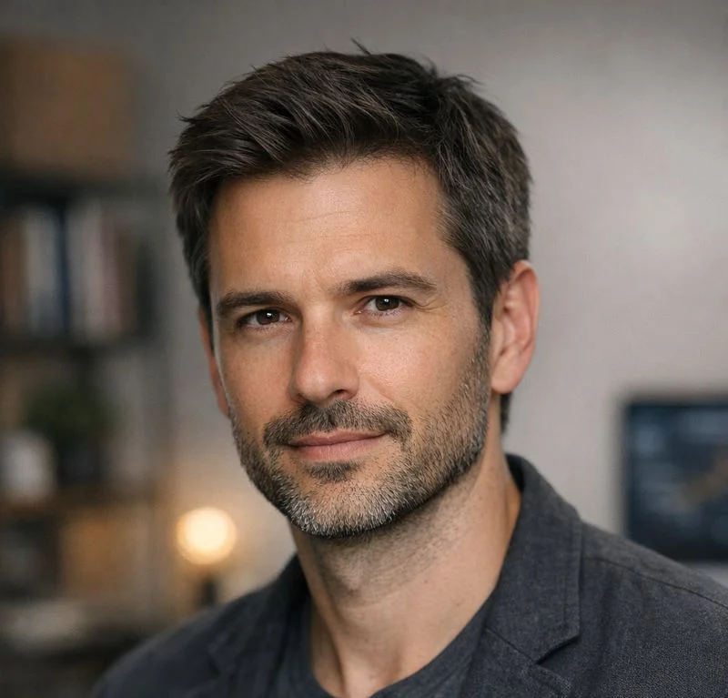 Professional man in a gray blazer, standing in an office setting.