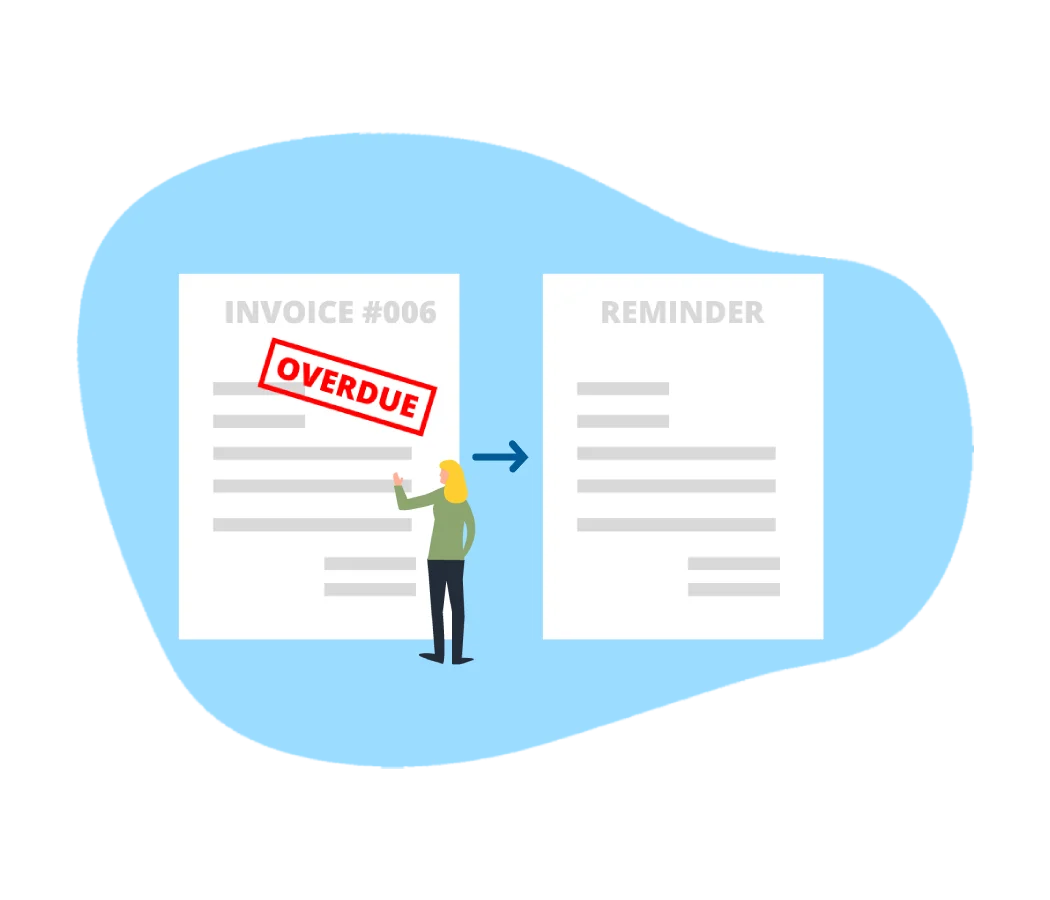Illustration of invoice reminder process with overdue notice.