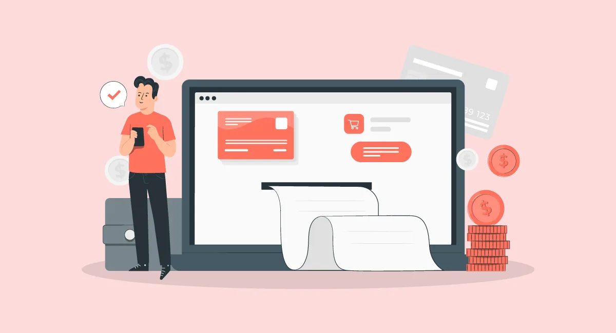 Illustration of online payment process with laptop and credit card.