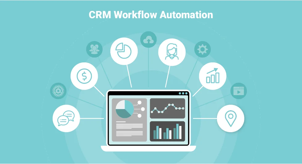 CRM workflow automation dashboard with analytics and charts.