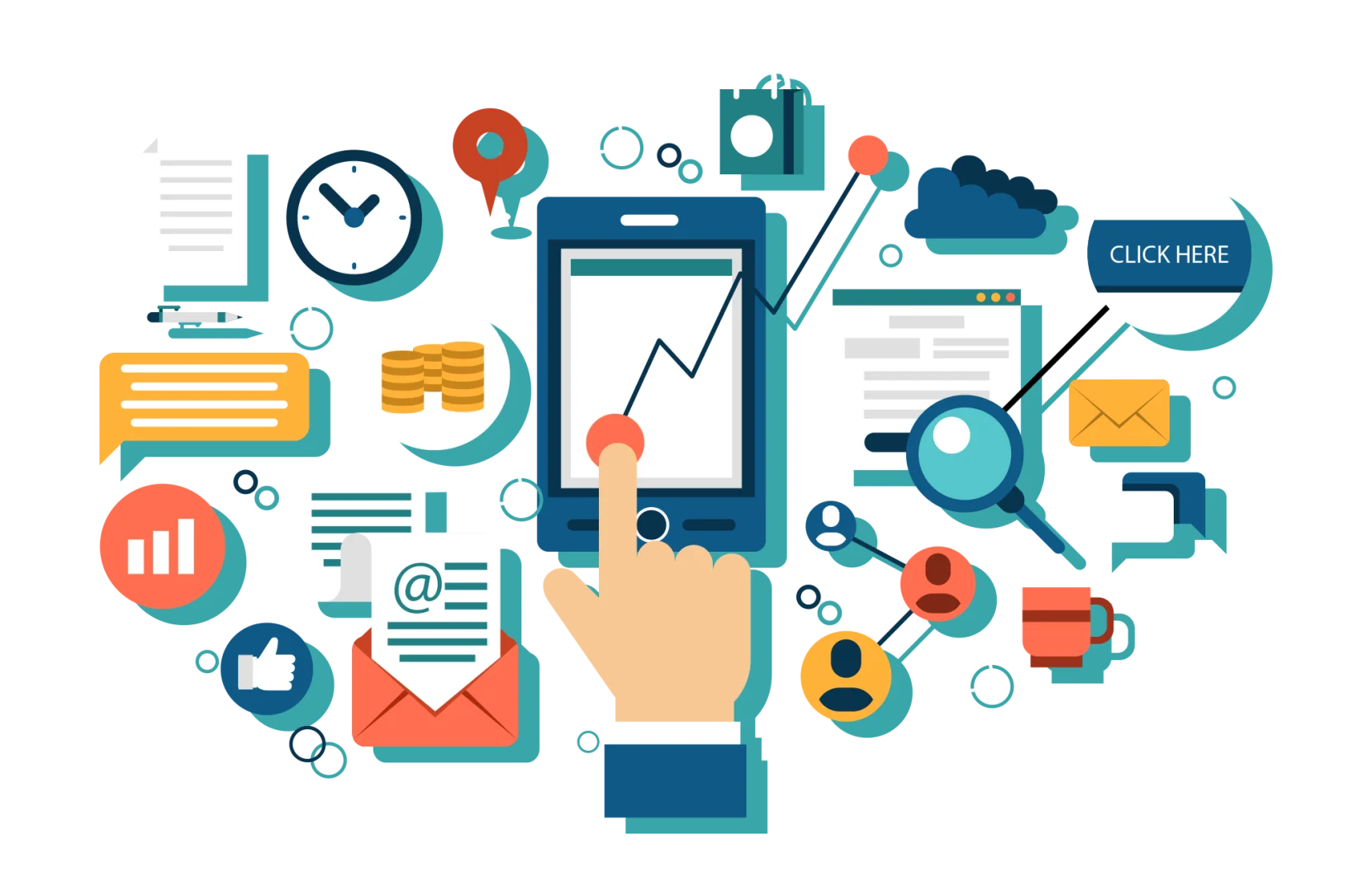Digital marketing concept with icons like email, mobile, and analytics.