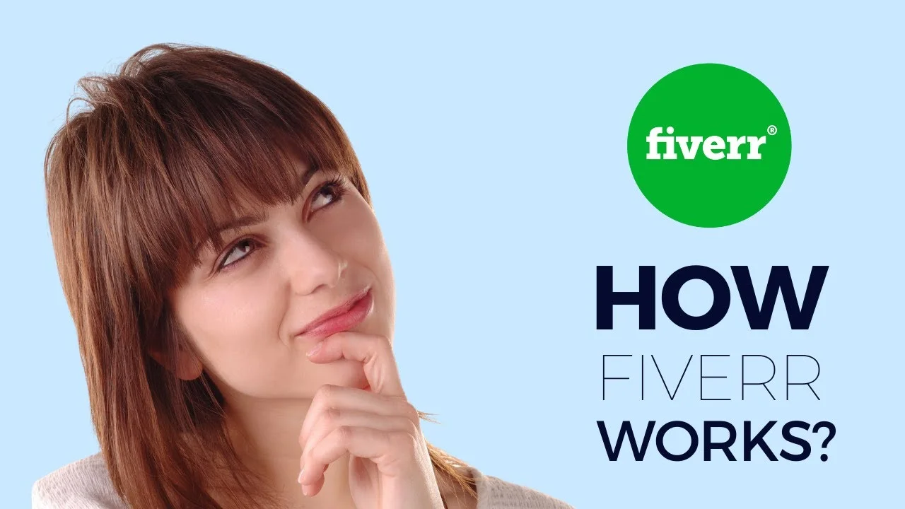 Woman pondering Fiverr's functionality with logo, on NoCode Profit.