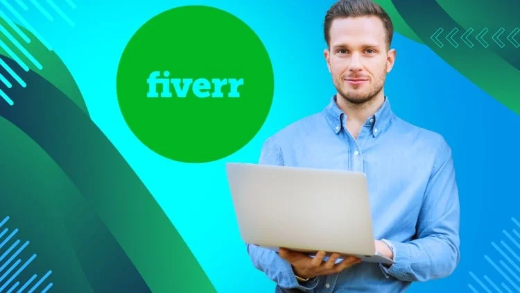 Man with laptop sharing Fiverr success tips on a vibrant background
