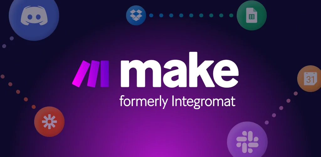 Make, formerly Integromat, automation platform logo with app icons.