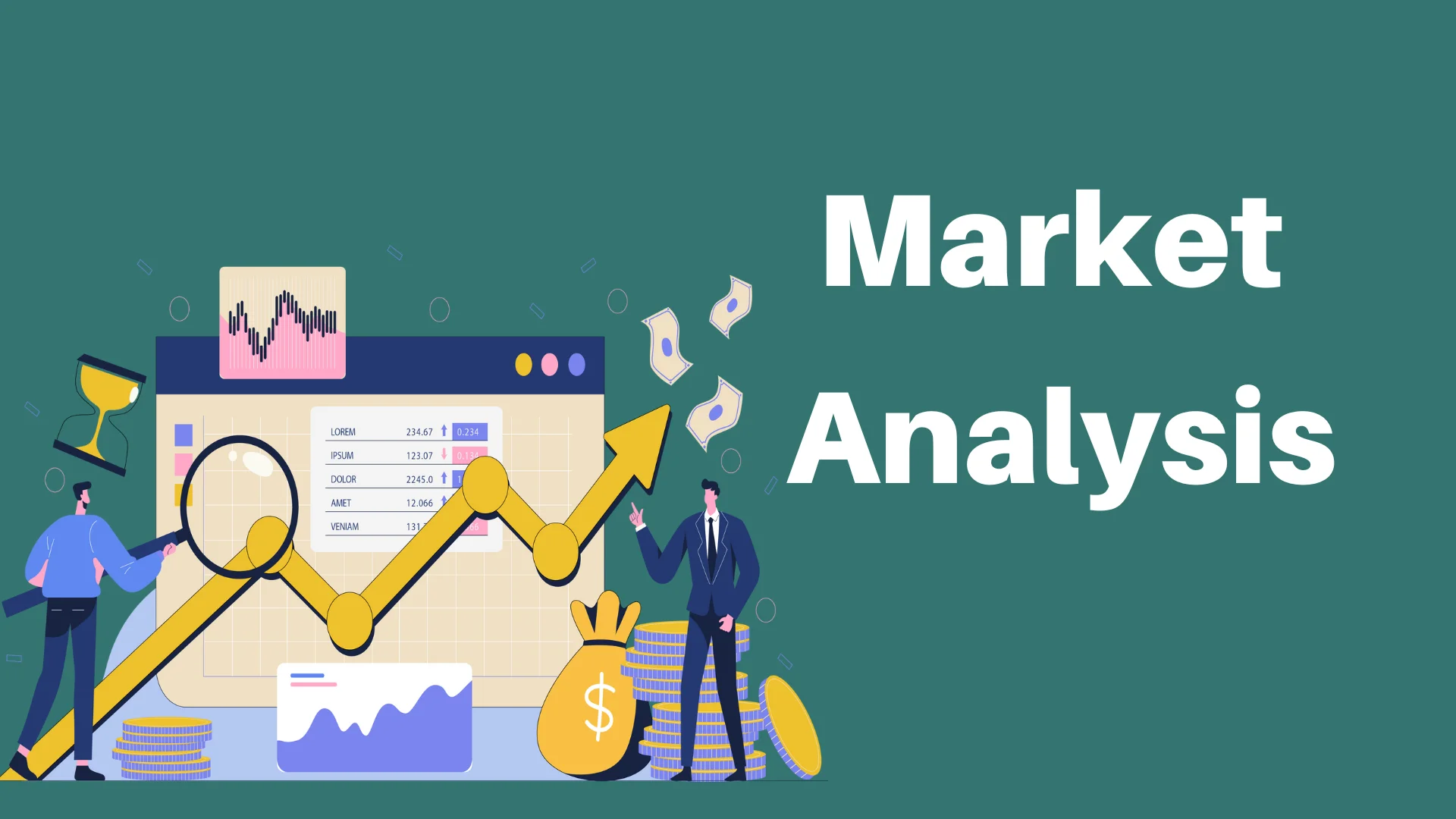 Illustration of market trends analysis with charts and graphs.