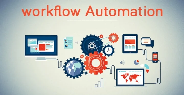 Illustration of workflow automation tools with devices and gears.