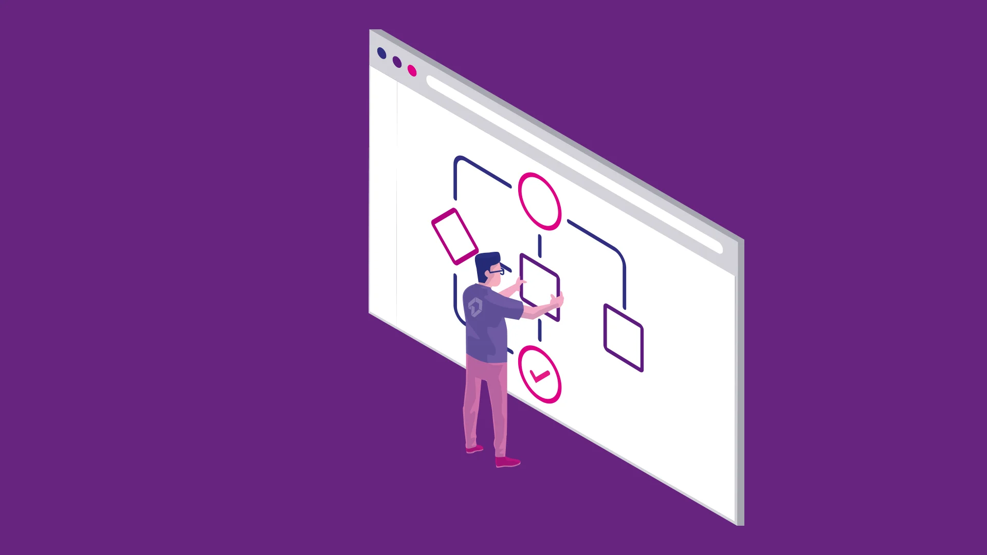 Illustration of a person designing a workflow diagram on a large screen.