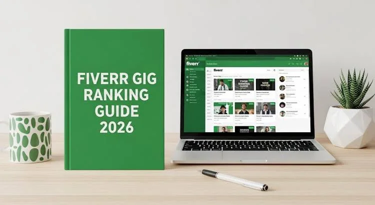 Fiverr Gig Ranking Guide 2026 book next to a laptop displaying Fiverr website.